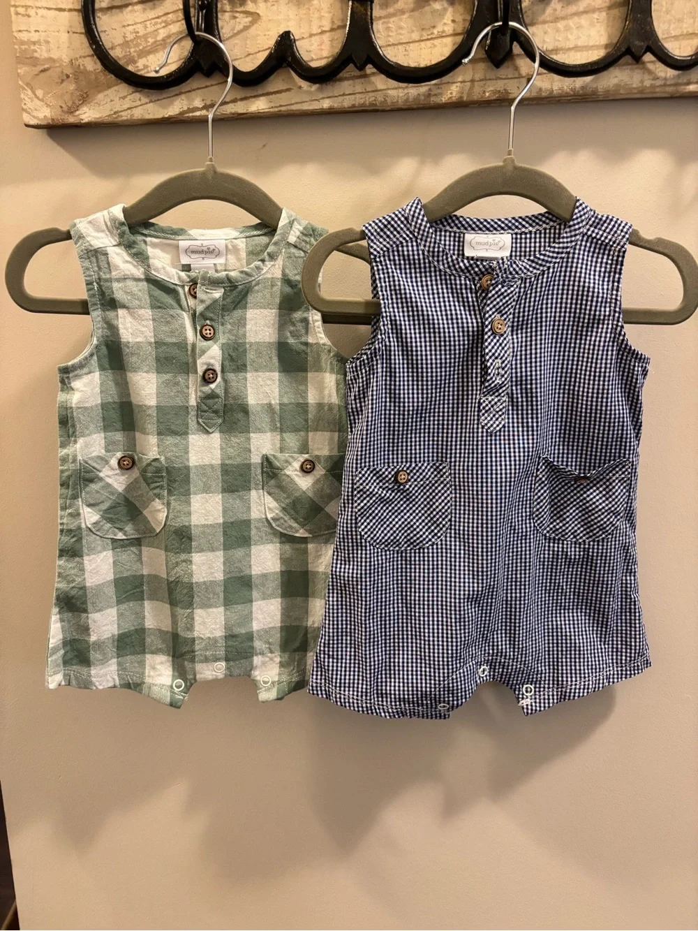 2 Mud Pie Sleeveless Check Romper Duo in Green & Blue